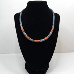 Stone Beaded Necklace Blue Orange Cylinder Beads Boho Fashion Jewelry 18 in L